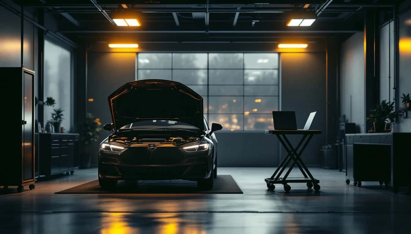 A workshop bay at dusk with a vehicle's hood open and a laptop on a rolling cart