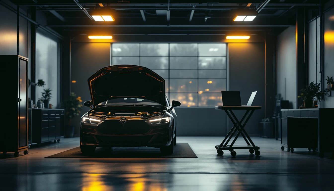 A workshop bay at dusk with a vehicle's hood open and a laptop on a rolling cart