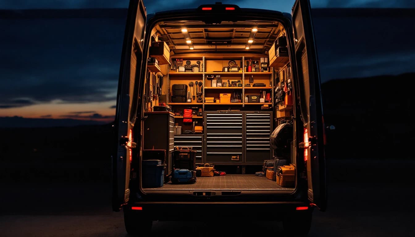 The open side door of an organised mobile service van at dusk
