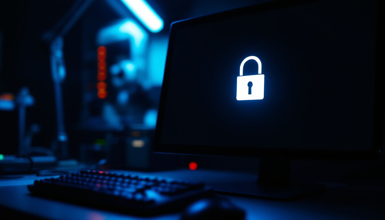 Windows lock screen glowing on a shop computer in a dark office with keyboard in the foreground