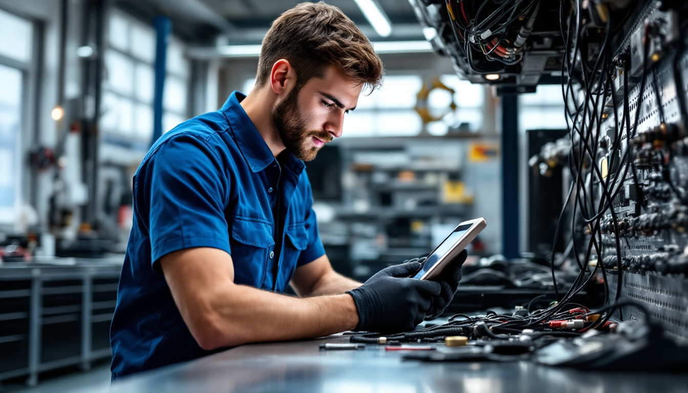 Young apprentice technician following steps on a tablet mounted beside a workbench while working on a wiring harness