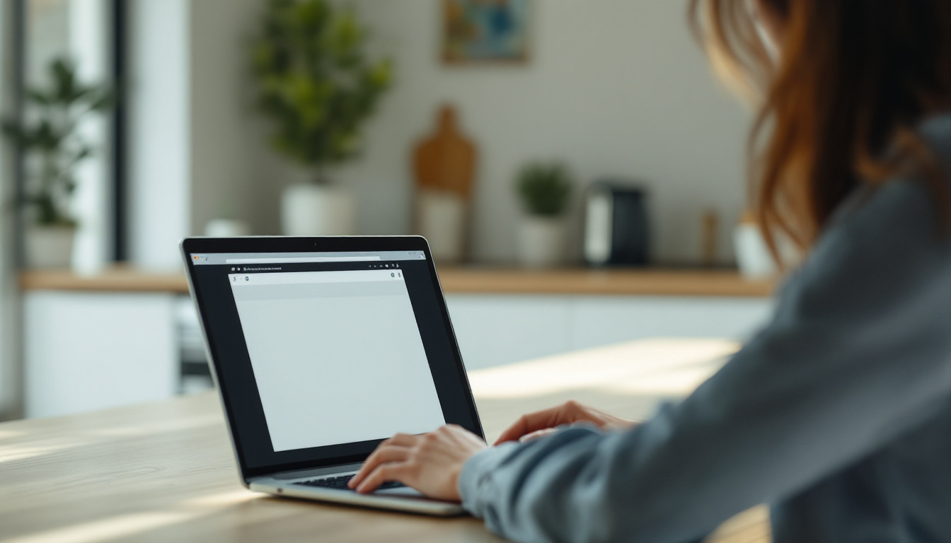 Person opening a laptop at a kitchen table with a browser window filling the screen, minimalist bright scene