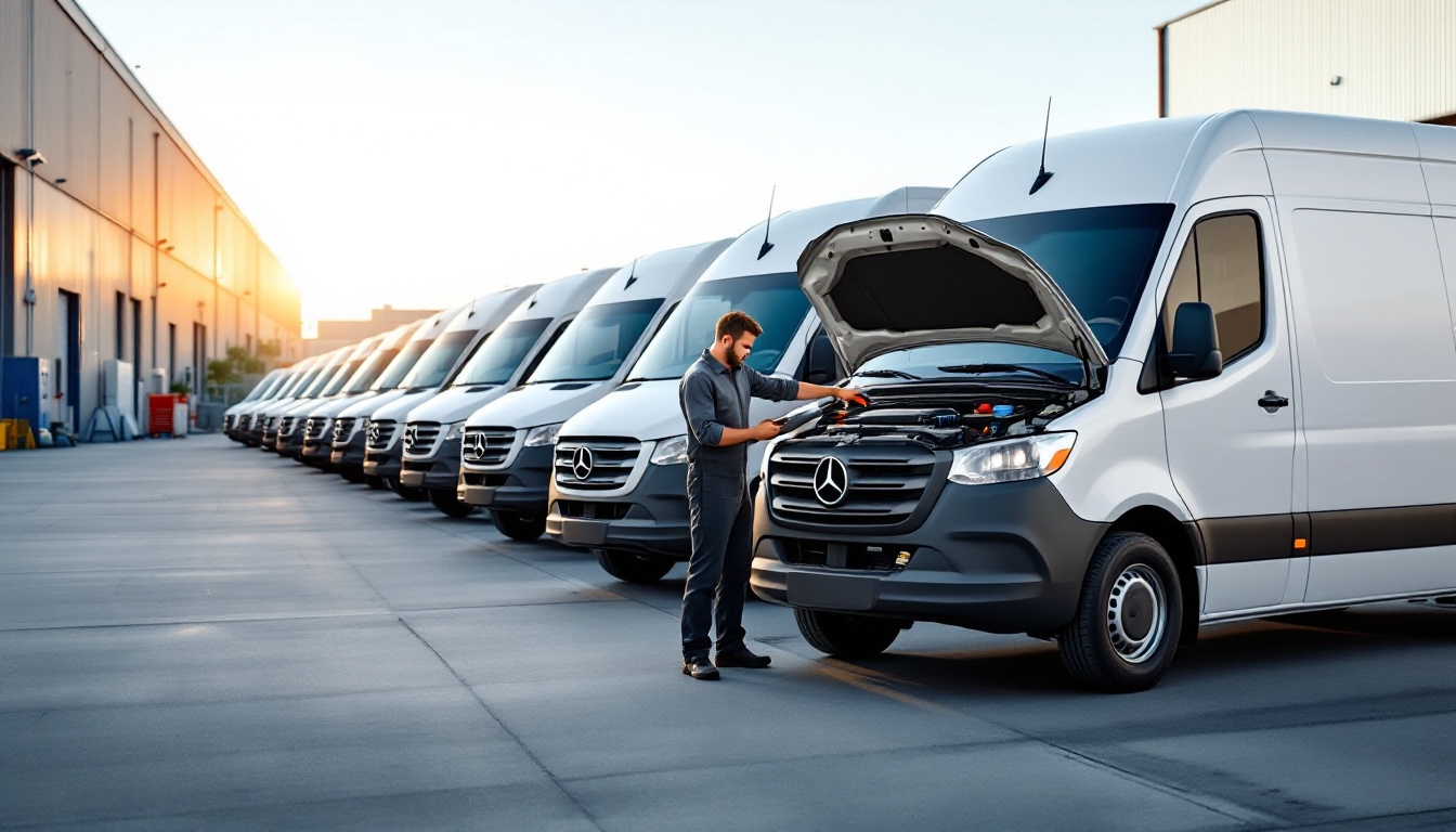 Row of white fleet vans in a yard at dawn with one hood open and a technician connecting a diagnostic device