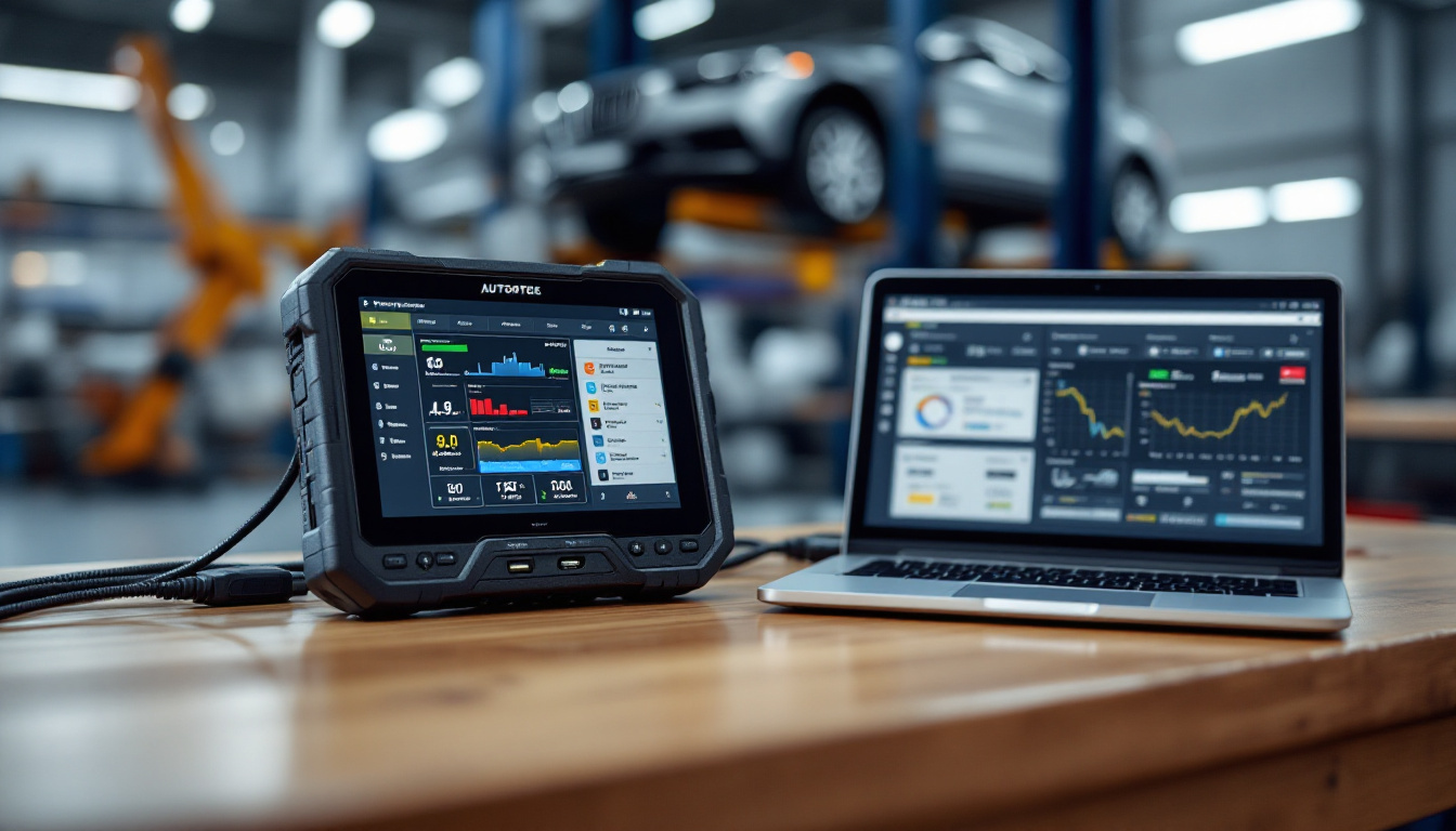 Automotive diagnostic interface and laptop on a workbench with a USB hub, shop equipment blurred in the background