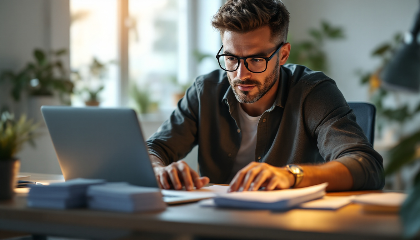 Small business owner reading fine print on a laptop with reading glasses in hand and invoices on the desk