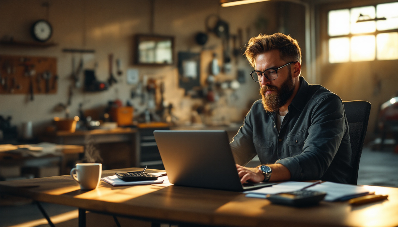 Small business owner at a desk comparing plans on a laptop with a notepad and calculator beside a coffee cup