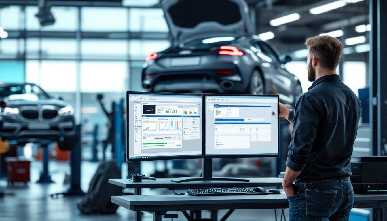 Shop foreman at a standing desk weighing two software windows on a wide monitor with a service bay behind glass
