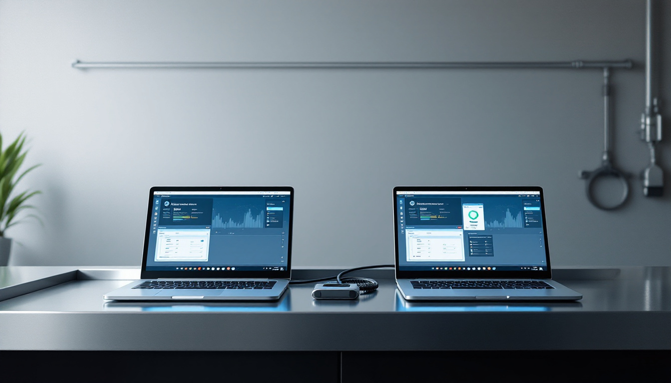 Two laptops side by side on an automotive workshop counter showing different remote session interfaces