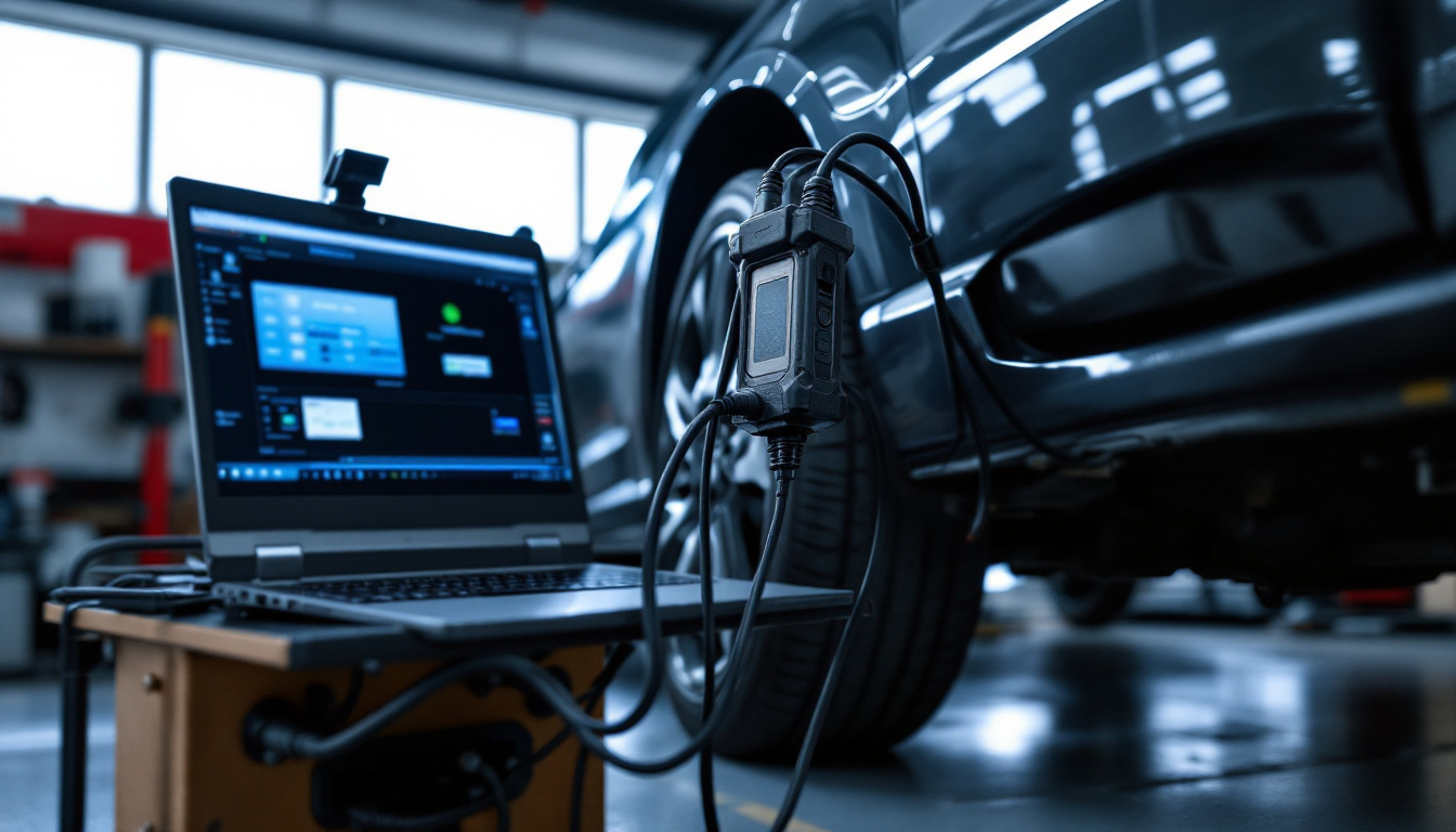 J2534 style pass-thru interface connected to a vehicle OBD-II port with a laptop on a rolling cart showing reflash software
