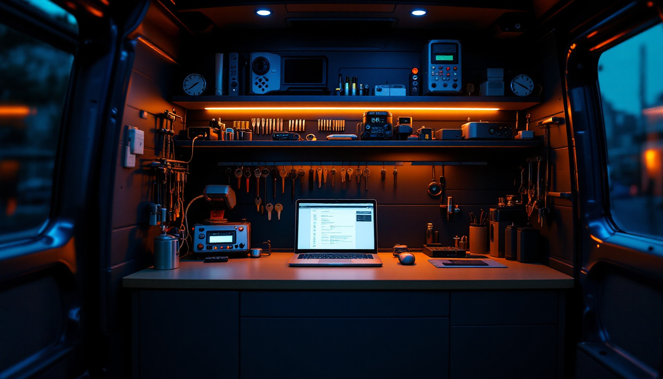 Locksmith van interior at night with a laptop glowing on a shelf among key cutting equipment