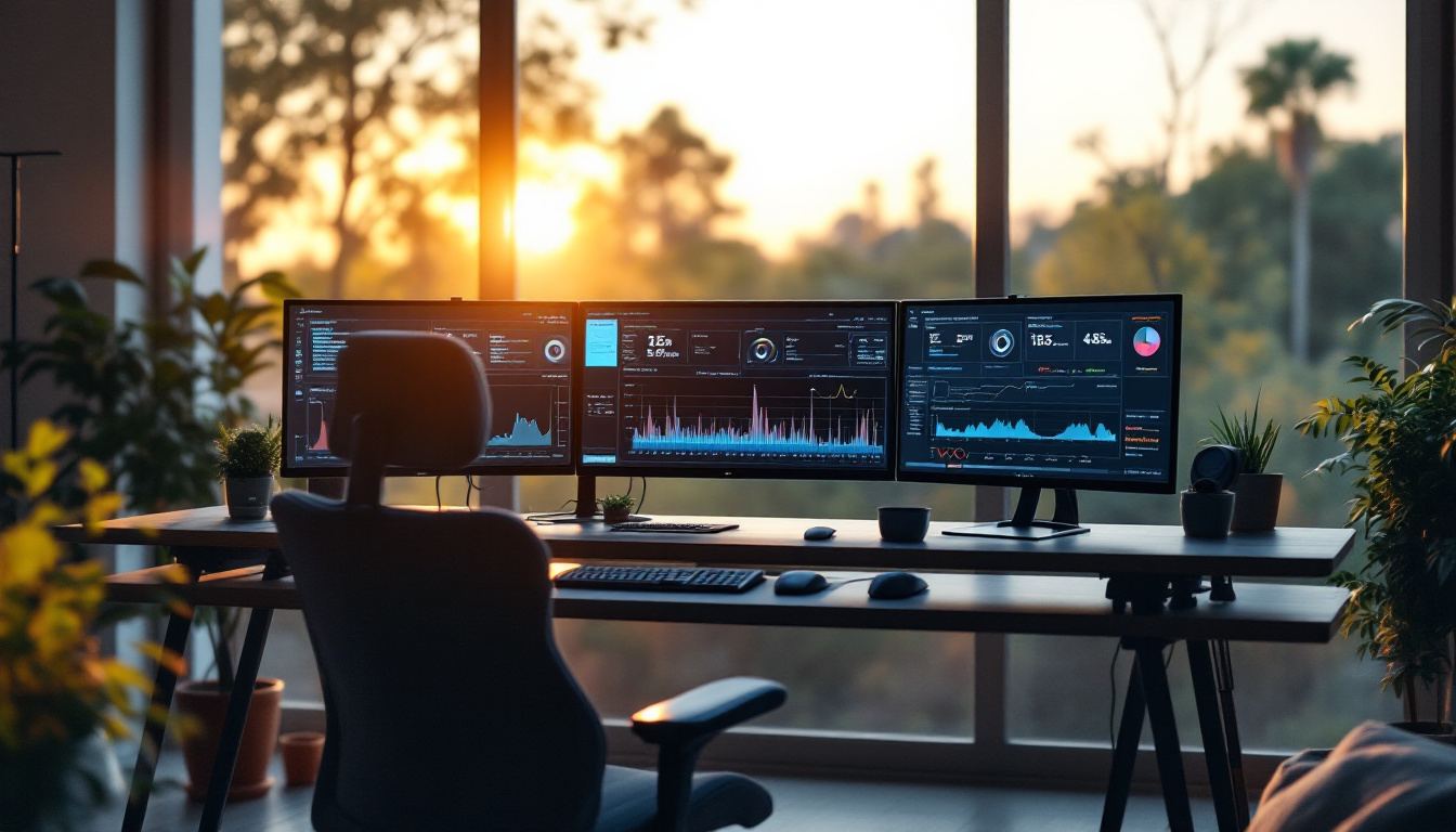 Three monitor workstation in a home office displaying vehicle diagnostic data across all screens in evening light