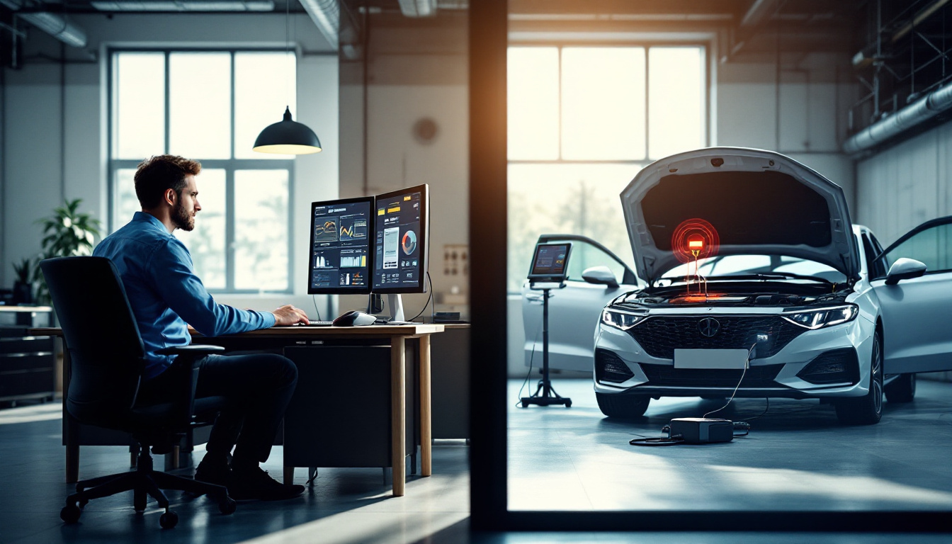Technician at a dual-monitor desk with a car visible in the service bay beyond, device connected to its OBD port