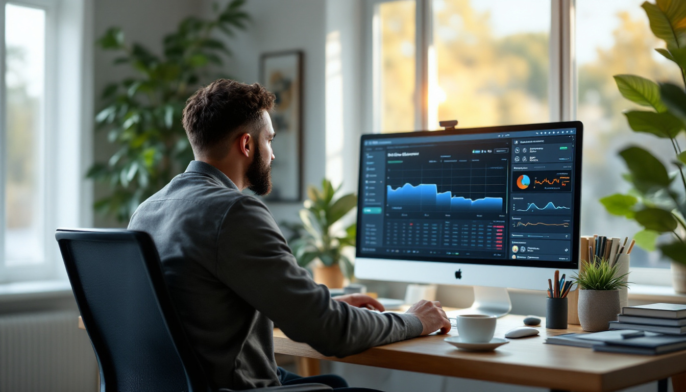 Person in a tidy home office studying live vehicle diagnostic graphs on a large monitor with morning light