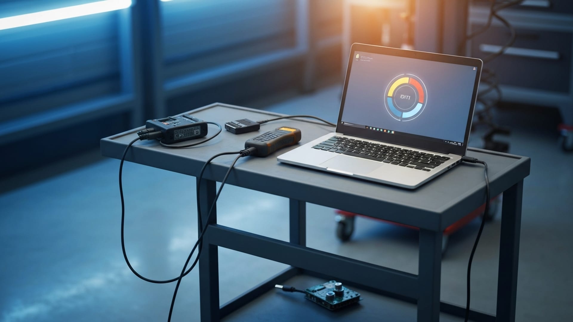 Automotive programming laptop and diagnostic interface connected to a vehicle OBD-II port in a shop bay, USB cable and module visible