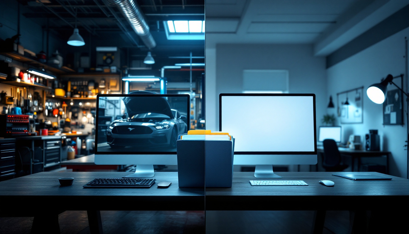 Split composition of two computer screens in different rooms with a folder of files symbolically between them