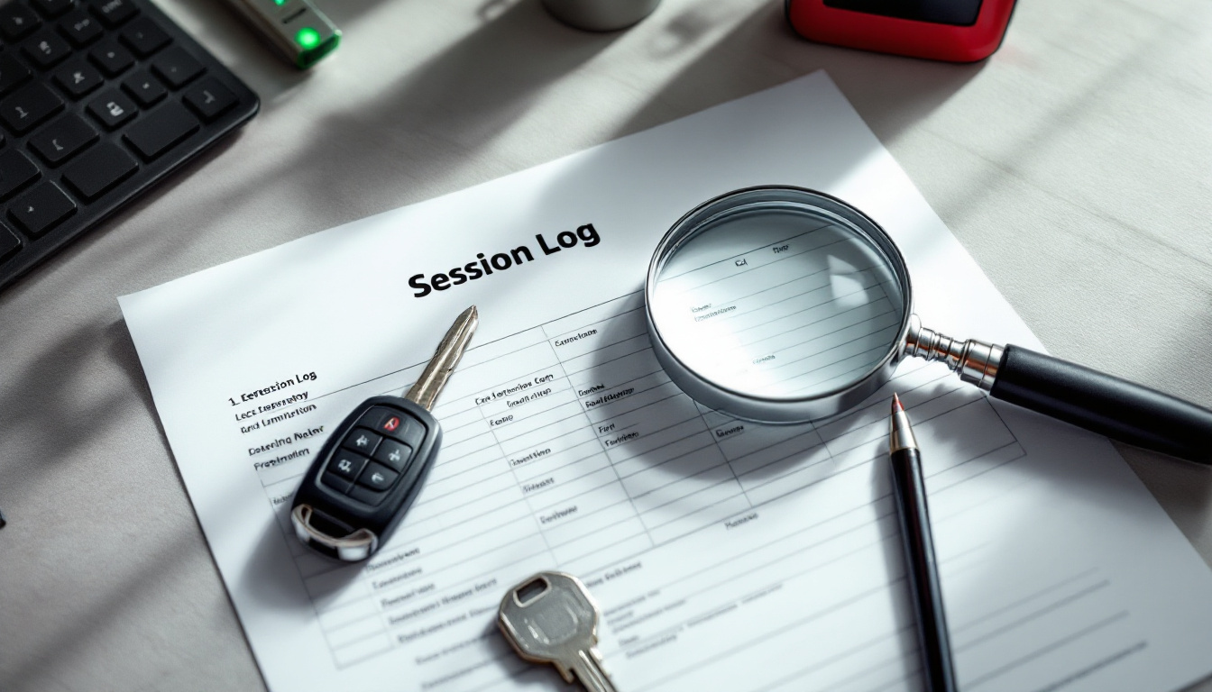Printed session log sheet beside a car key and locksmith programming tool with a magnifying glass resting on the paper
