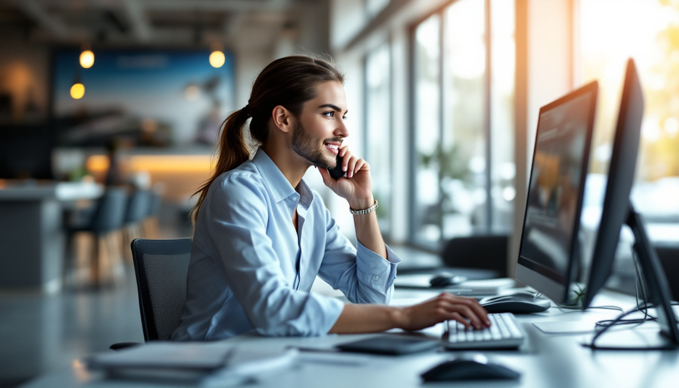 Service advisor at a front desk on the phone while a cursor moves remotely on their screen