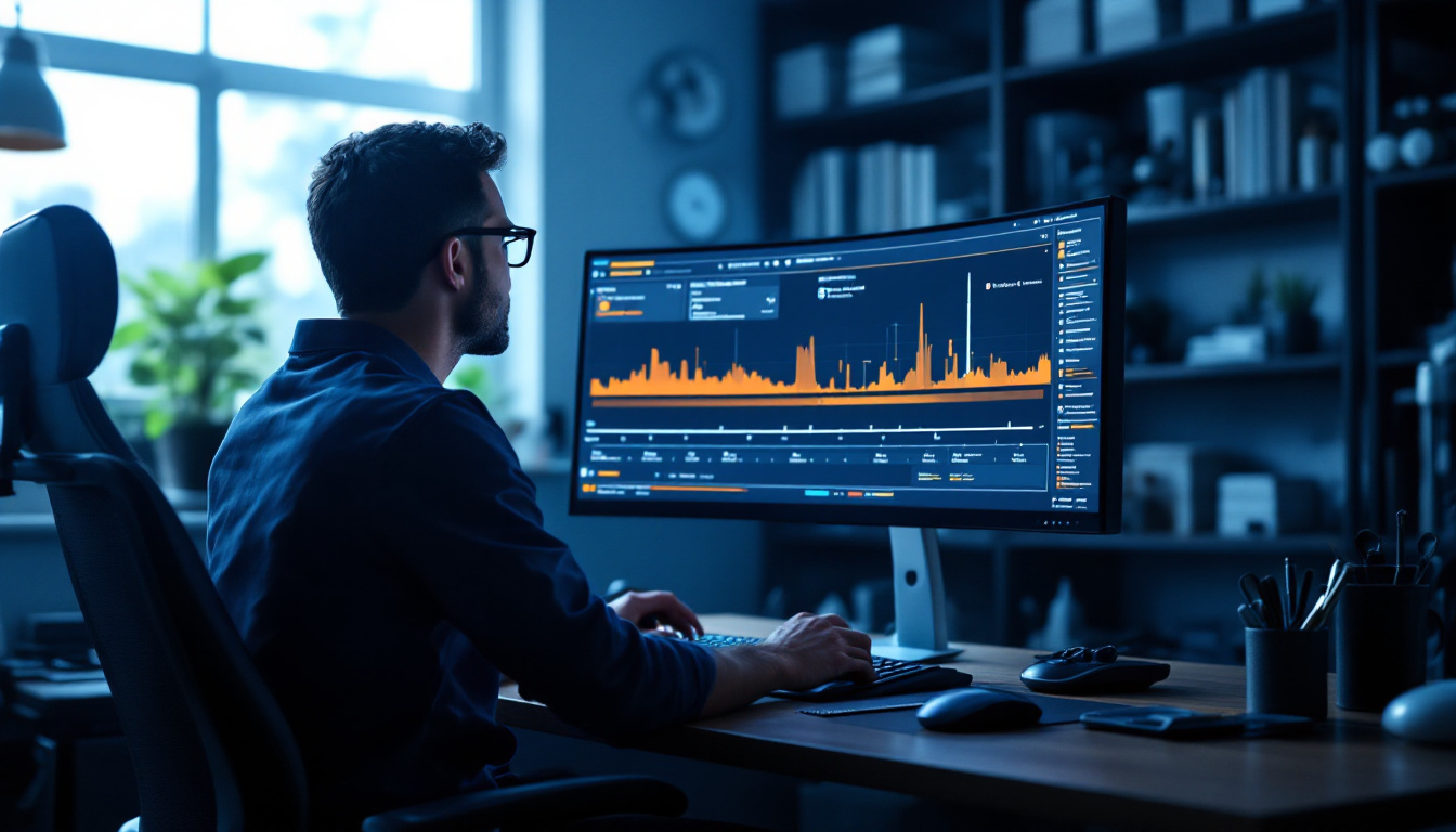 Technician reviewing a recorded session timeline on a large monitor in a dim office