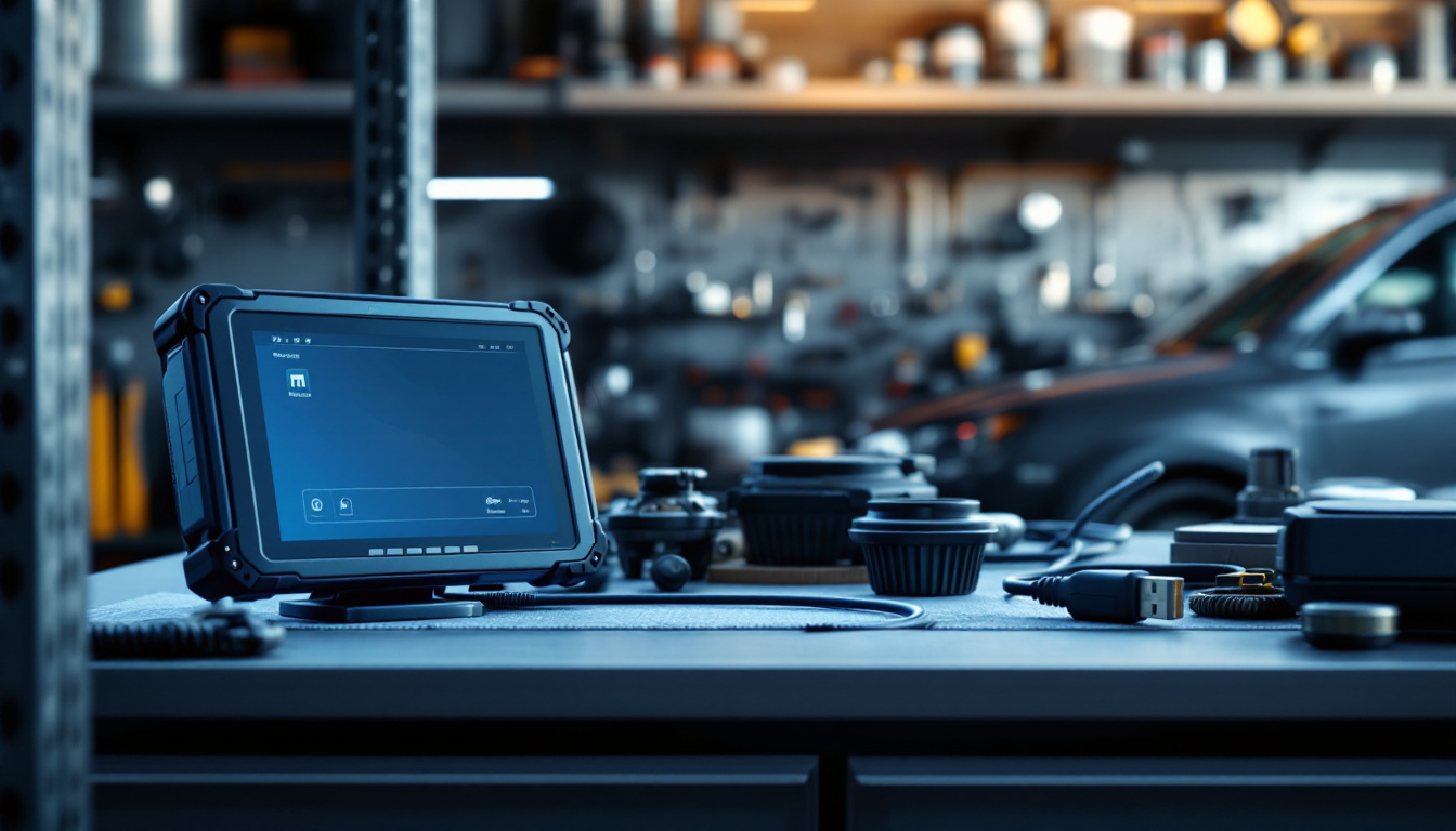Professional diagnostic scan tool docked on a shop shelf with its cable running to a small always-on mini PC