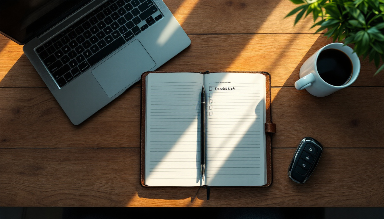 Overhead flat-lay of a laptop, handwritten checklist, coffee and a car key fob on a wooden desk