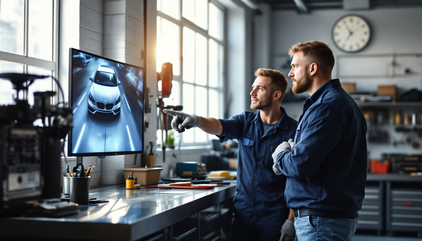 Senior technician and apprentice watching a session replay together on a shop TV, pointing at the screen