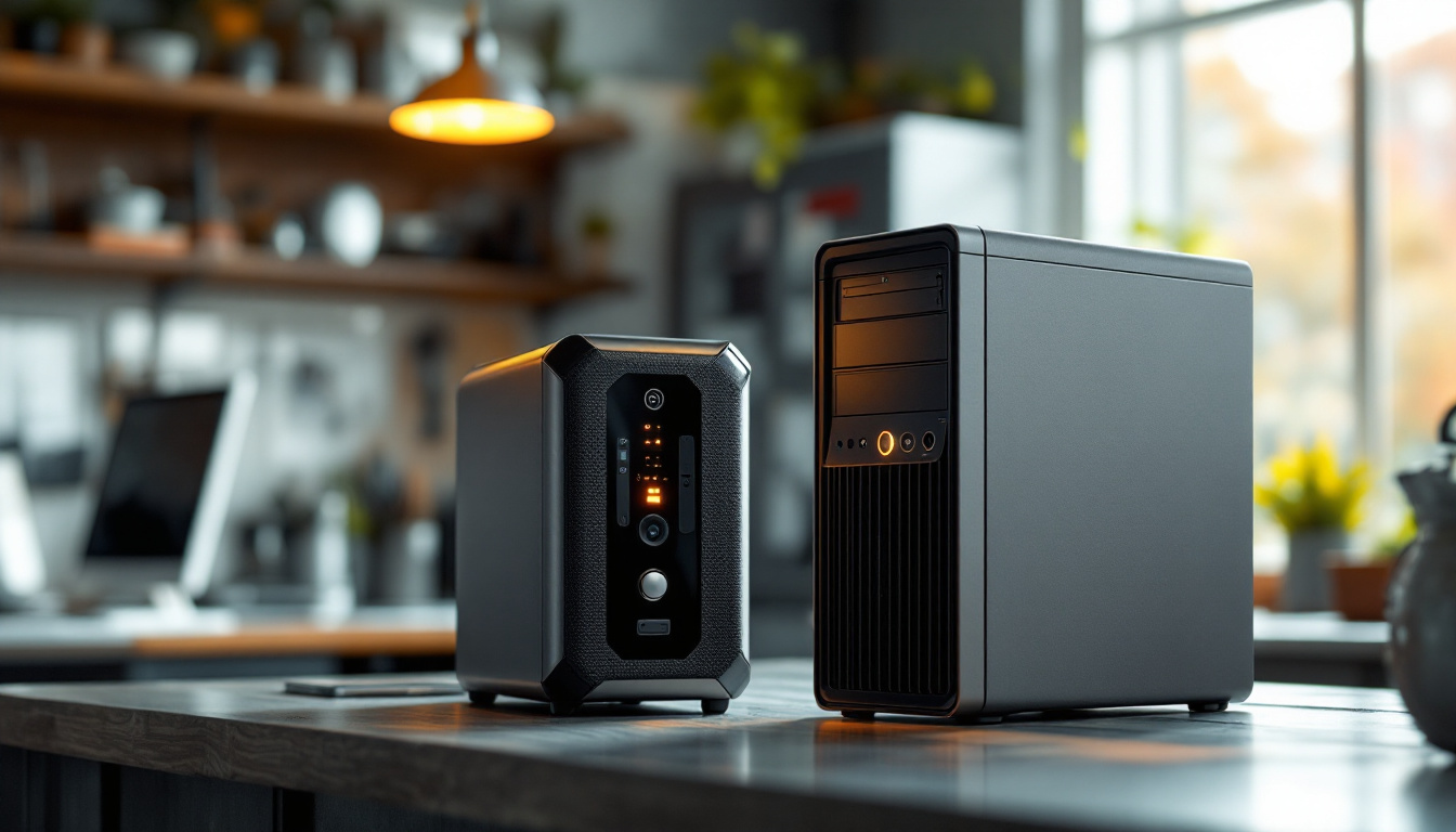 Aging office PC tower beside a new mini PC under a shop counter, symbolic upgrade scene