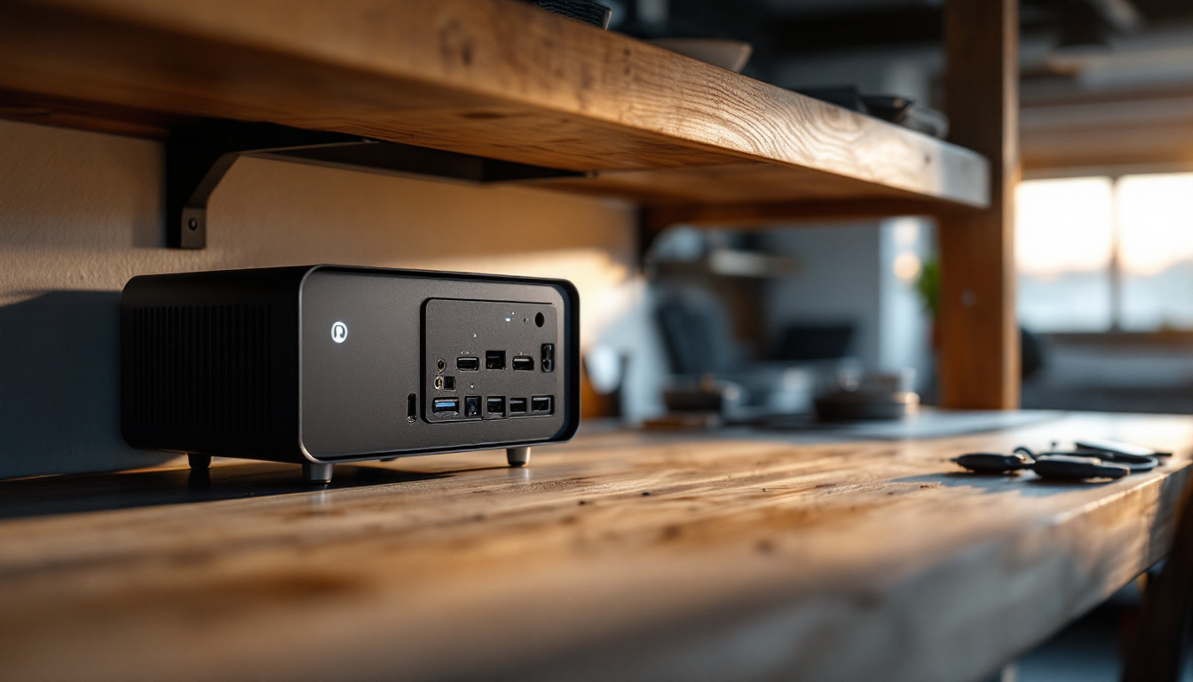 Compact mini PC mounted neatly under a workbench with cable management and a small status LED