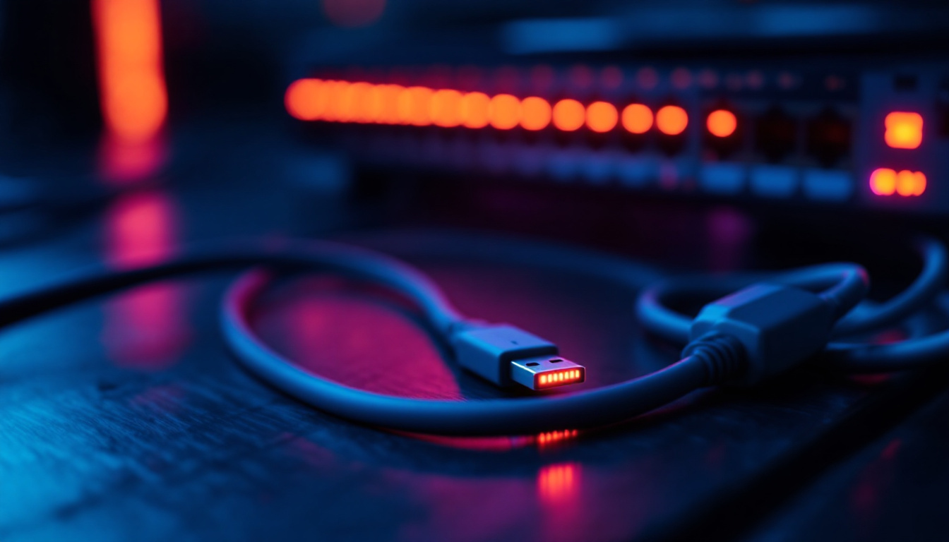 USB cable coiled on a dark bench with a network switch and blinking link lights behind it